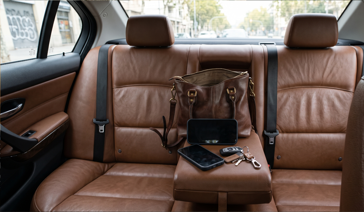 Bolso, billetera y celular olvidados en el asiento de un vehículo